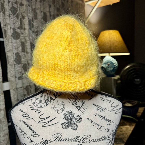 Hand Spun and Knit Bright Yellow Knitted Hat with Cozy Texture and Small Brim - Picture 3 of 12
